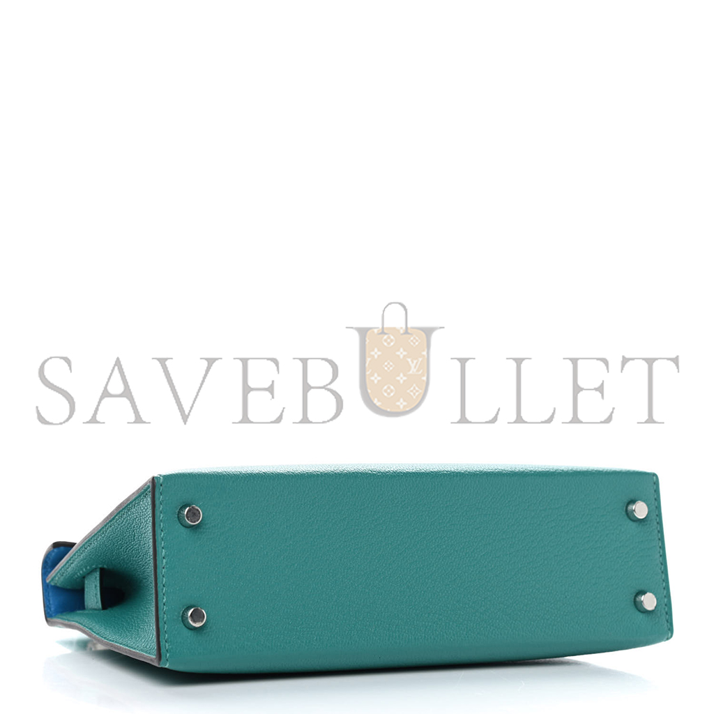 HERMÈS MASTER CHEVRE MINI KELLY II SELLIER VERT VERONE BLEU ZANZIBAR (19*12*5.5cm)